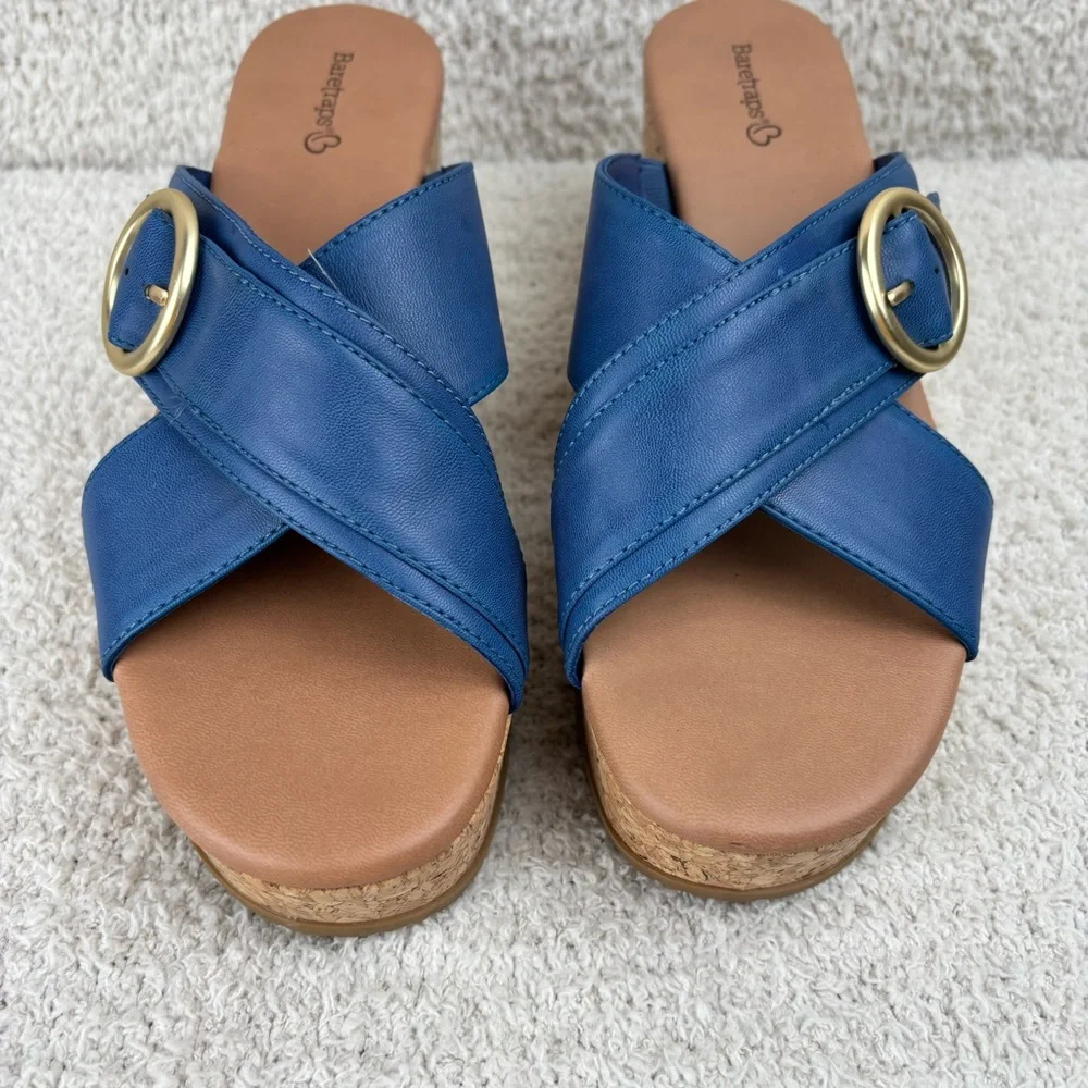 Baretraps Sandals Womens 9M Blue Sydney‎ Cork Slip On Buckle Detail Honeycomb
